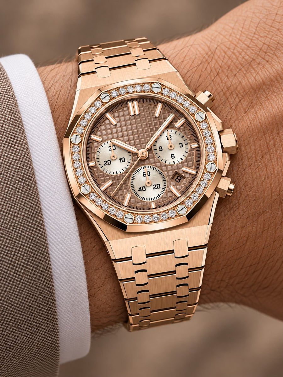 Rose Gold-Tone Crystal-Bezel Multi-Display Watch – Integrated Bracelet