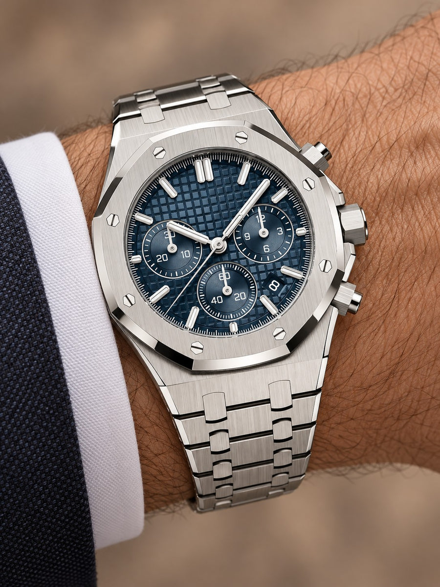 Silver-Tone Blue Multi-Display Sport Watch – Integrated Bracelet