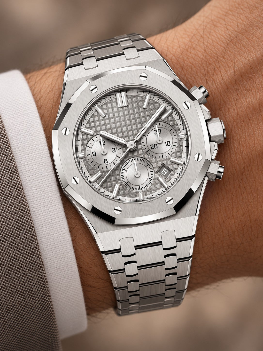 Silver-Tone White Multi-Display Sport Watch – Integrated Bracelet