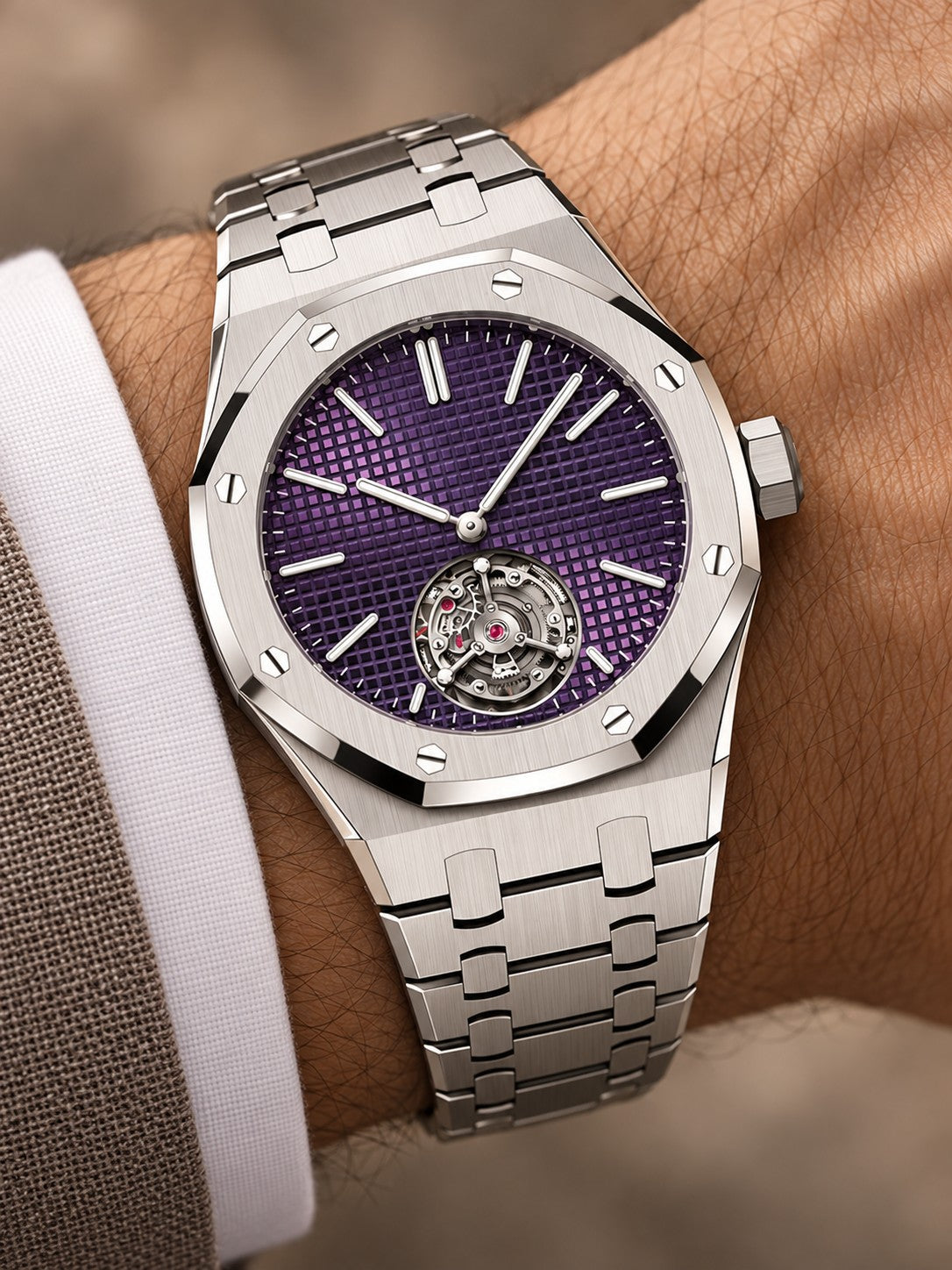 Silver-Tone Purple Open-Heart Watch – Integrated Bracelet
