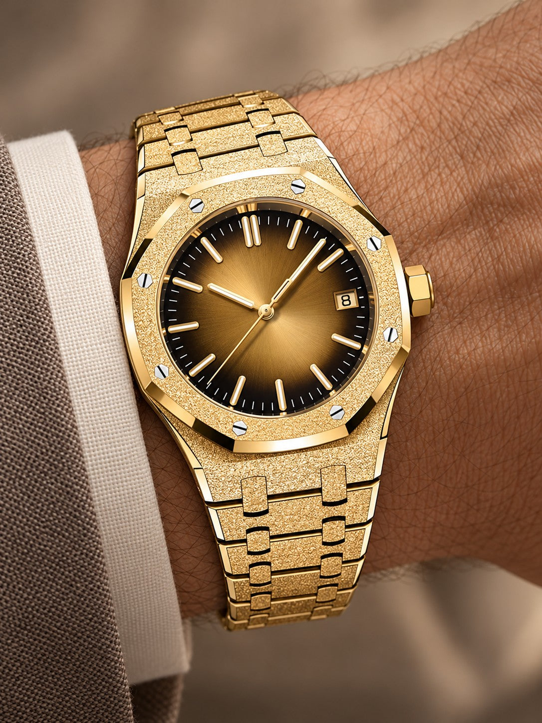 Frosted Gold-Tone Smoked Dial Watch – Integrated Bracelet