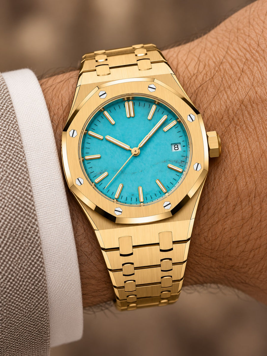 Gold-Tone Turquoise Stone-Inspired Watch – Integrated Bracelet