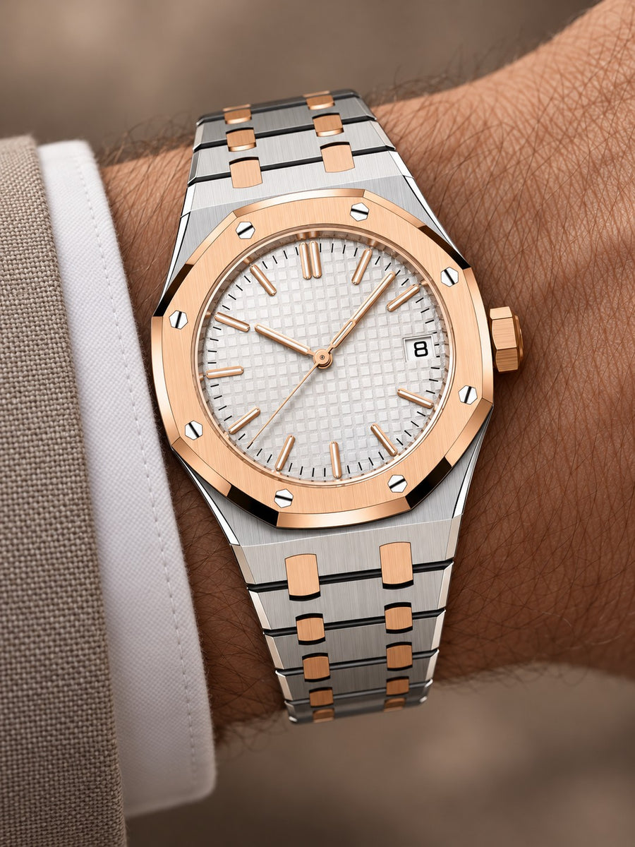 Two-Tone White Textured Watch – Integrated Bracelet