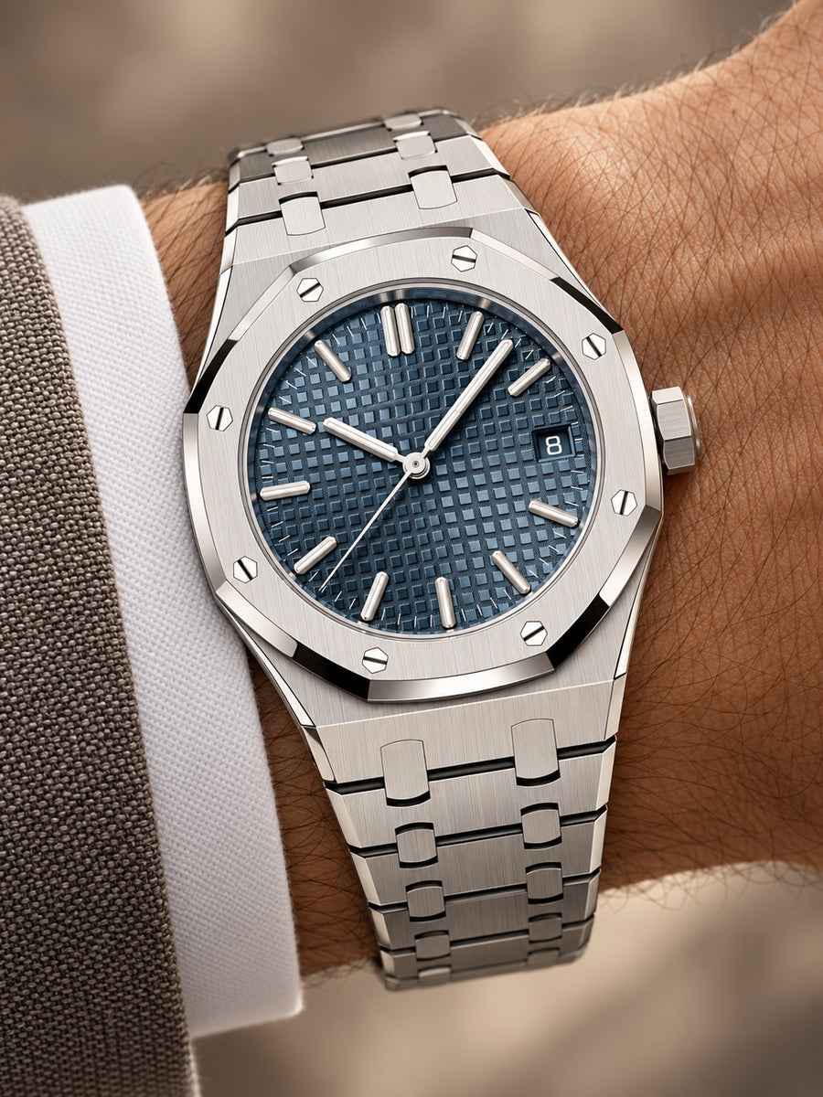 Silver-Tone Blue Textured Watch – Integrated Bracelet