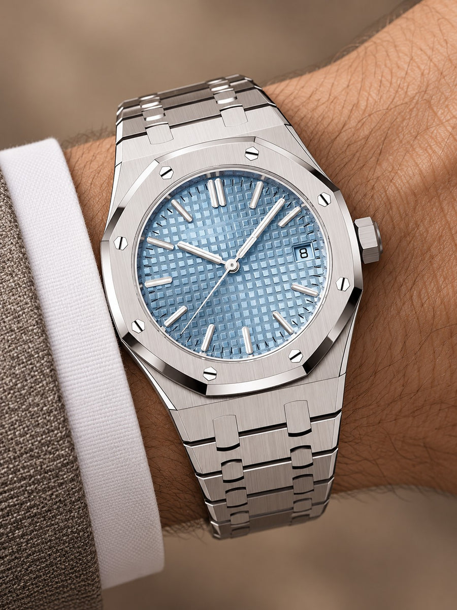Silver-Tone Ice Blue Textured Watch – Integrated Bracelet