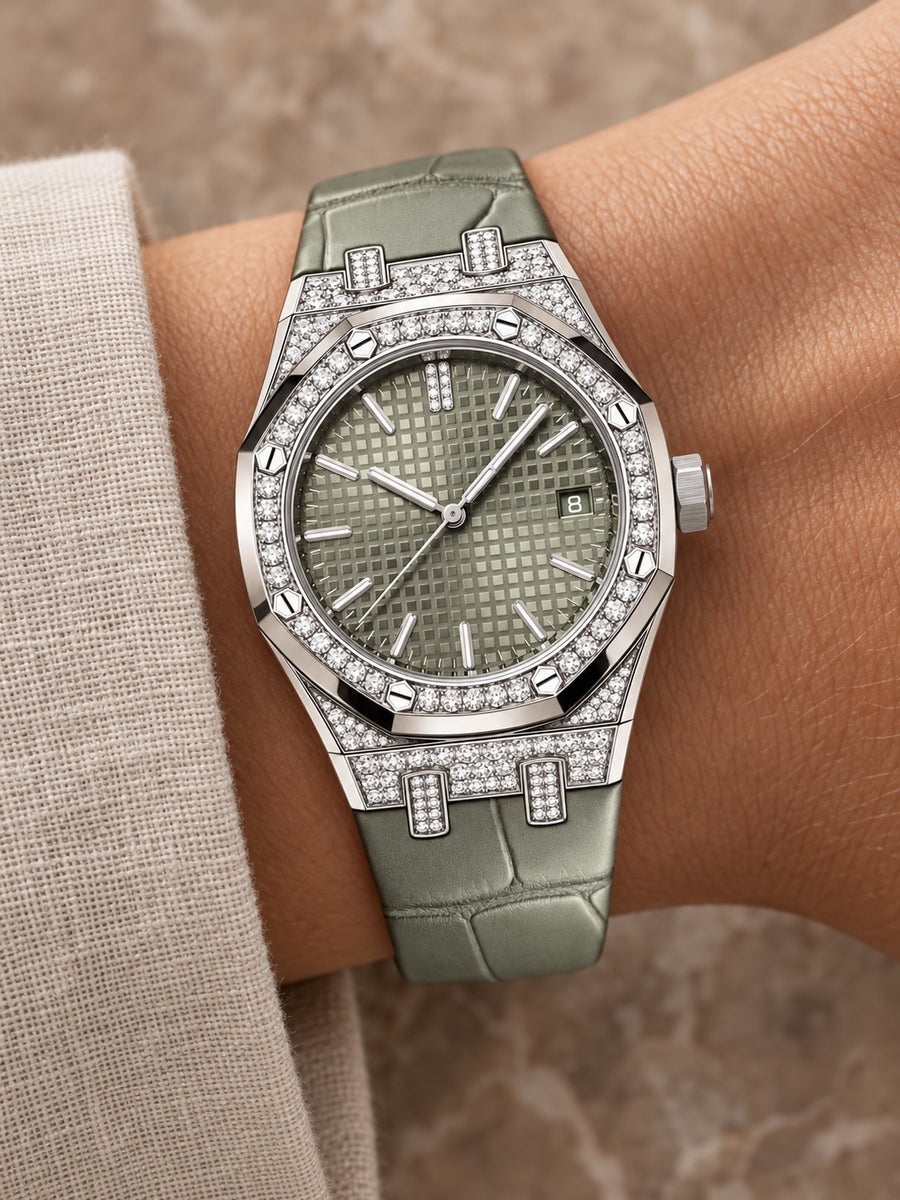 Silver-Tone Sage Green Crystal-Set Watch – Green Strap