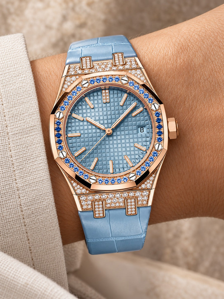 Rose Gold-Tone Ice Blue Crystal-Set Watch – Light Blue Strap