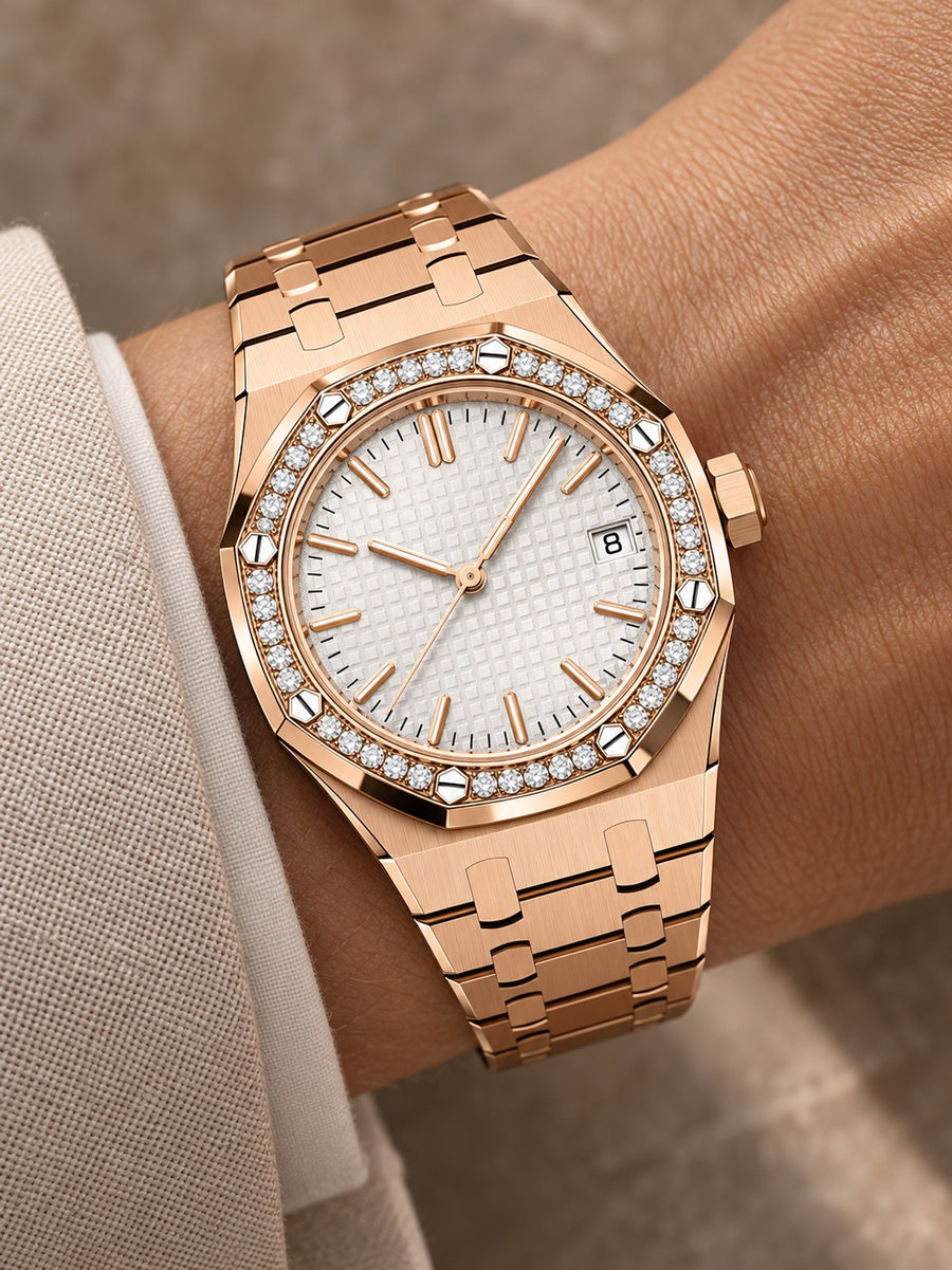 Rose Gold-Tone White Textured Crystal-Bezel Watch – Integrated Bracelet