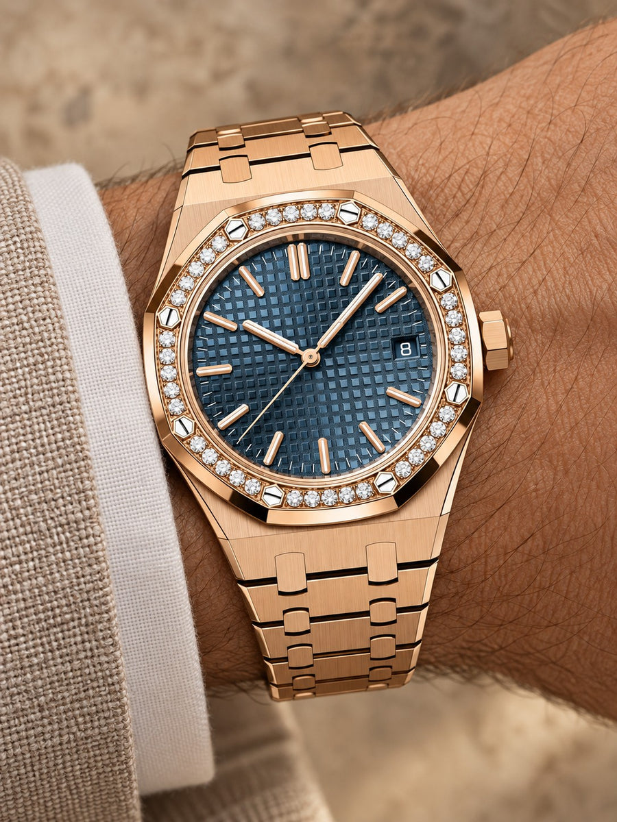 Rose Gold-Tone Blue Crystal-Bezel Watch – Integrated Bracelet