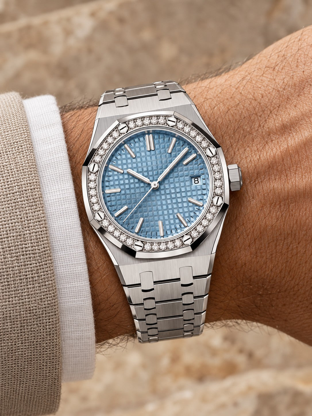 Silver-Tone Ice Blue Crystal-Bezel Watch – Integrated Bracelet