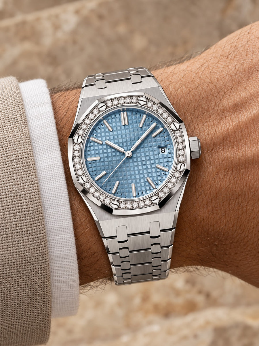Silver-Tone Ice Blue Crystal-Bezel Watch – Integrated Bracelet