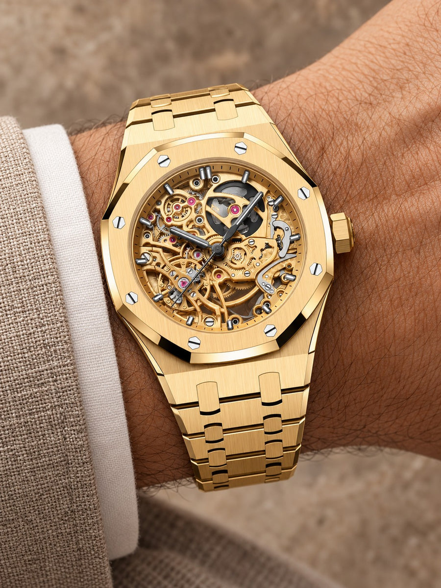 Gold-Tone Skeleton Open-Work Watch – Integrated Bracelet