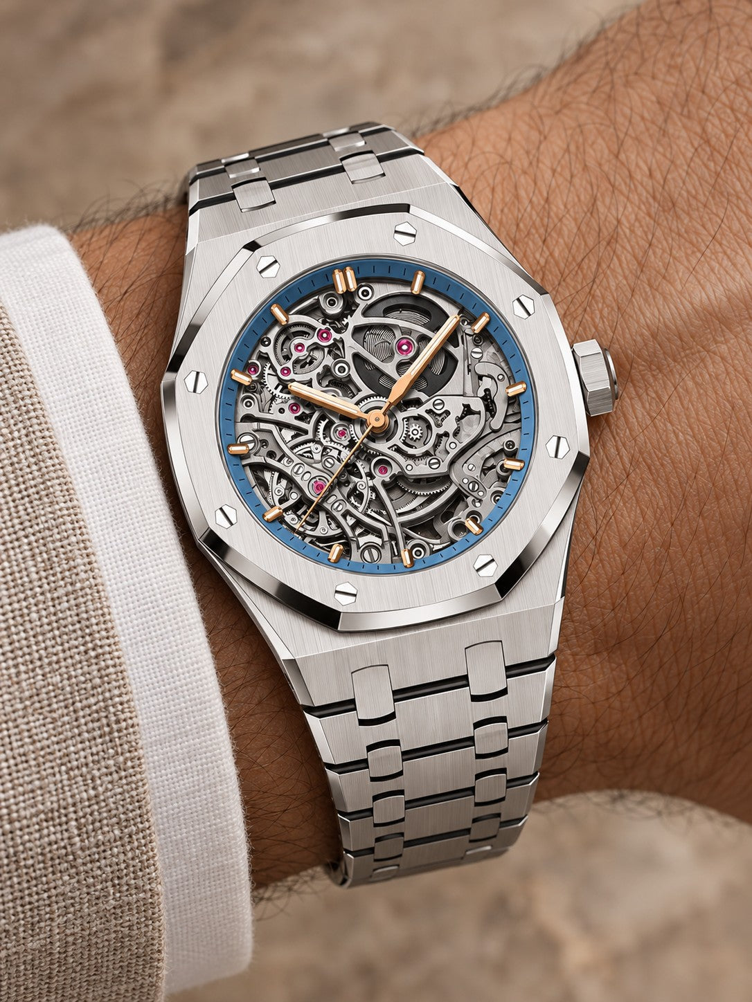 Silver-Tone Open-Work Skeleton Watch – Blue Accent Integrated Bracelet