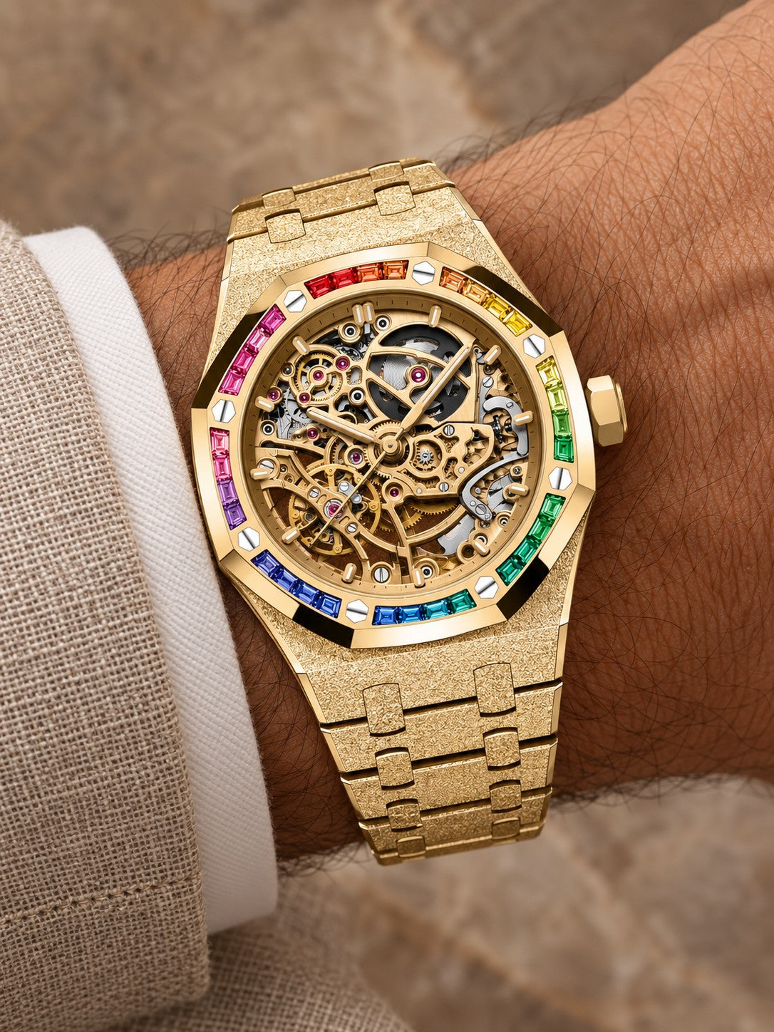 Frosted Gold-Tone Rainbow Skeleton Watch – Integrated Bracelet