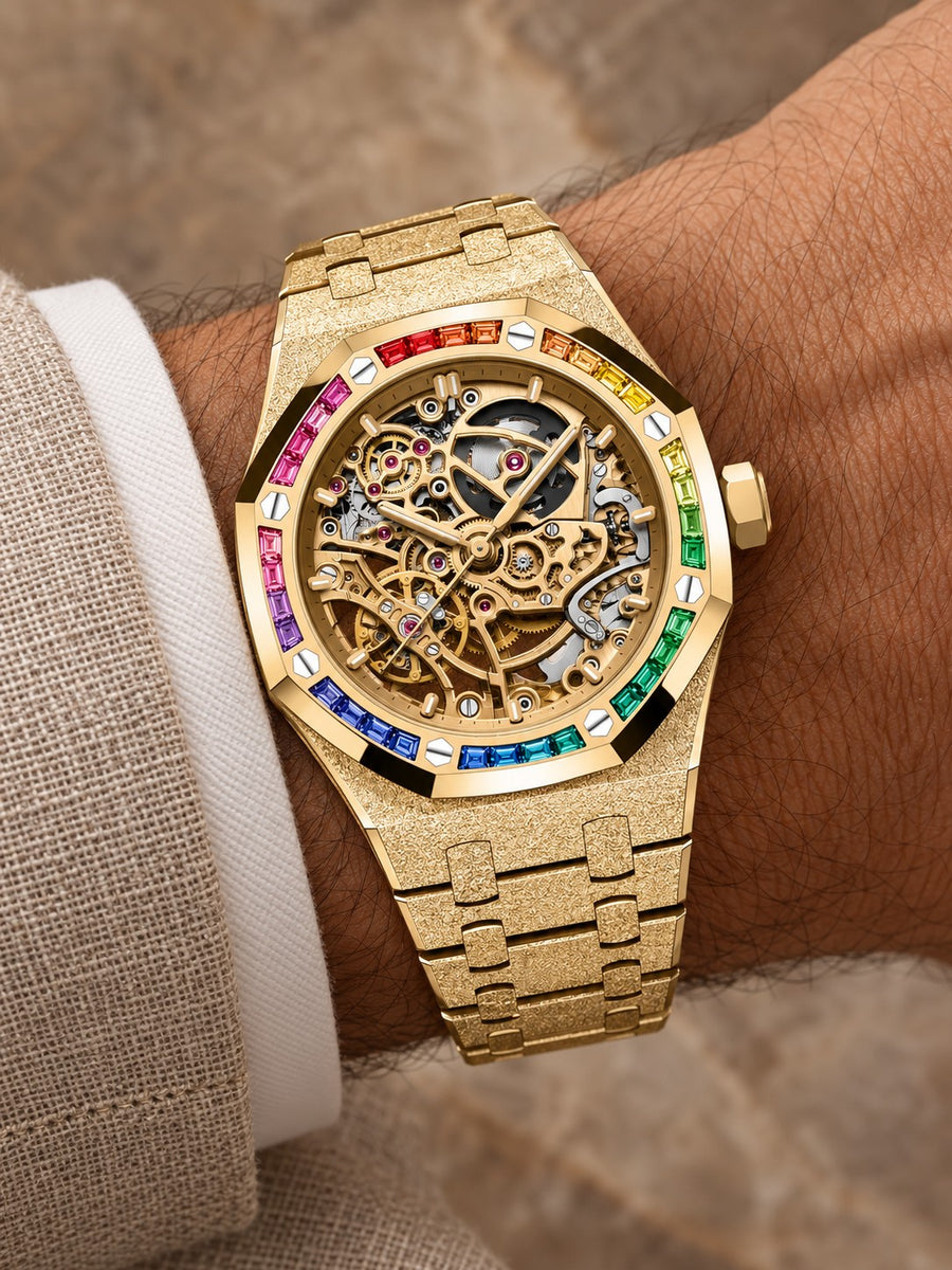 Frosted Gold-Tone Rainbow Skeleton Watch – Integrated Bracelet
