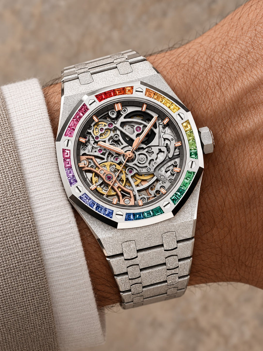 Frosted Silver-Tone Rainbow Skeleton Watch – Integrated Bracelet