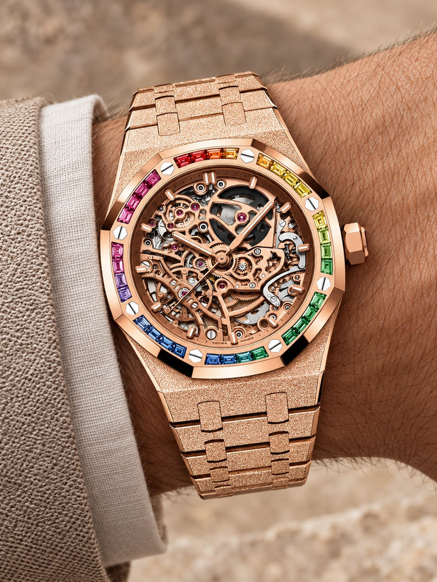 Frosted Rose Gold-Tone Rainbow Skeleton Watch – Integrated Bracelet