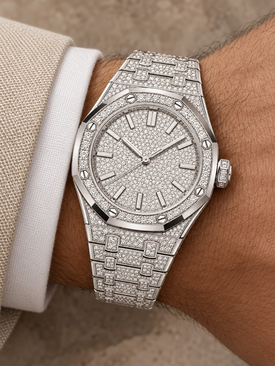 Full Crystal-Set Silver-Tone Watch – Integrated Bracelet