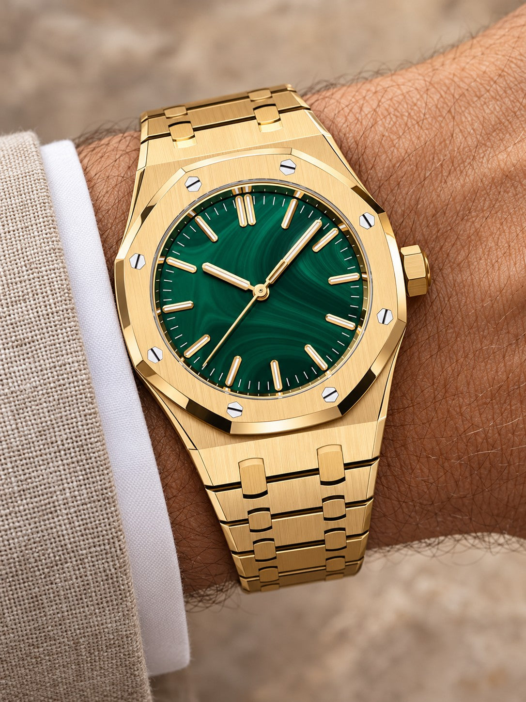 Gold-Tone Green Stone-Inspired Watch – Integrated Bracelet