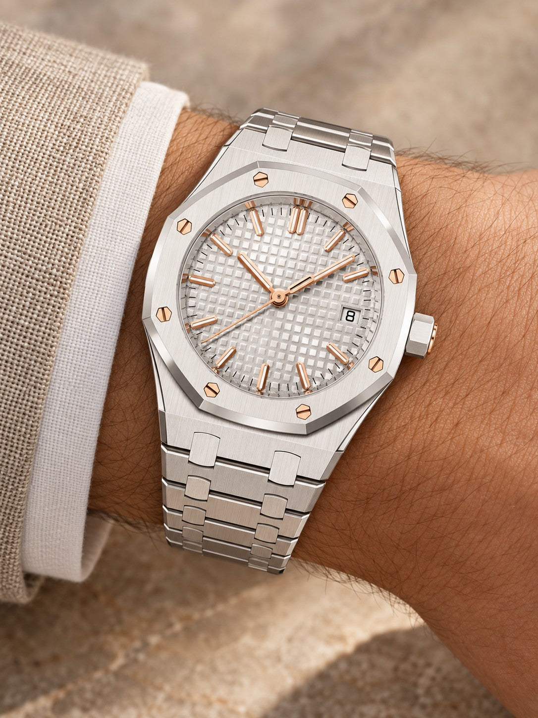White & Rose Gold-Tone Textured Watch – Integrated Bracelet
