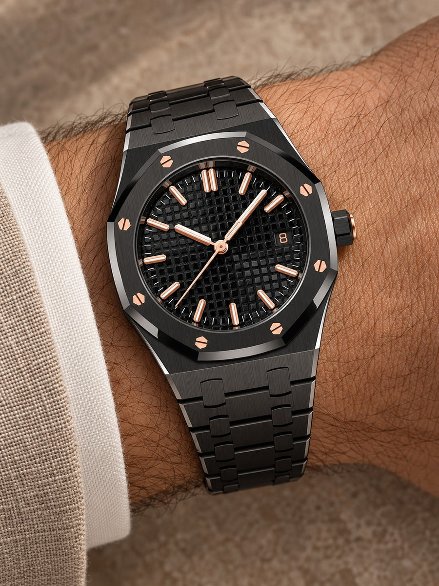 Black & Rose Gold-Tone Textured Watch – Integrated Bracelet