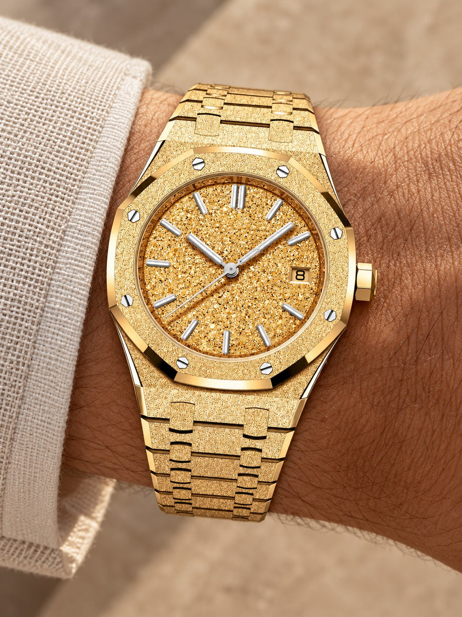 Frosted Gold-Tone Crystal-Texture Watch – Integrated Bracelet