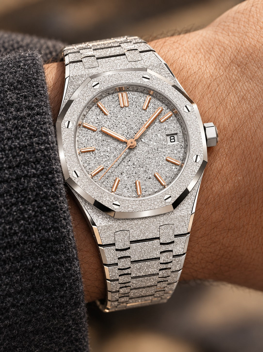 Frosted Silver-Tone Crystal-Texture Watch – Rose Gold Accents