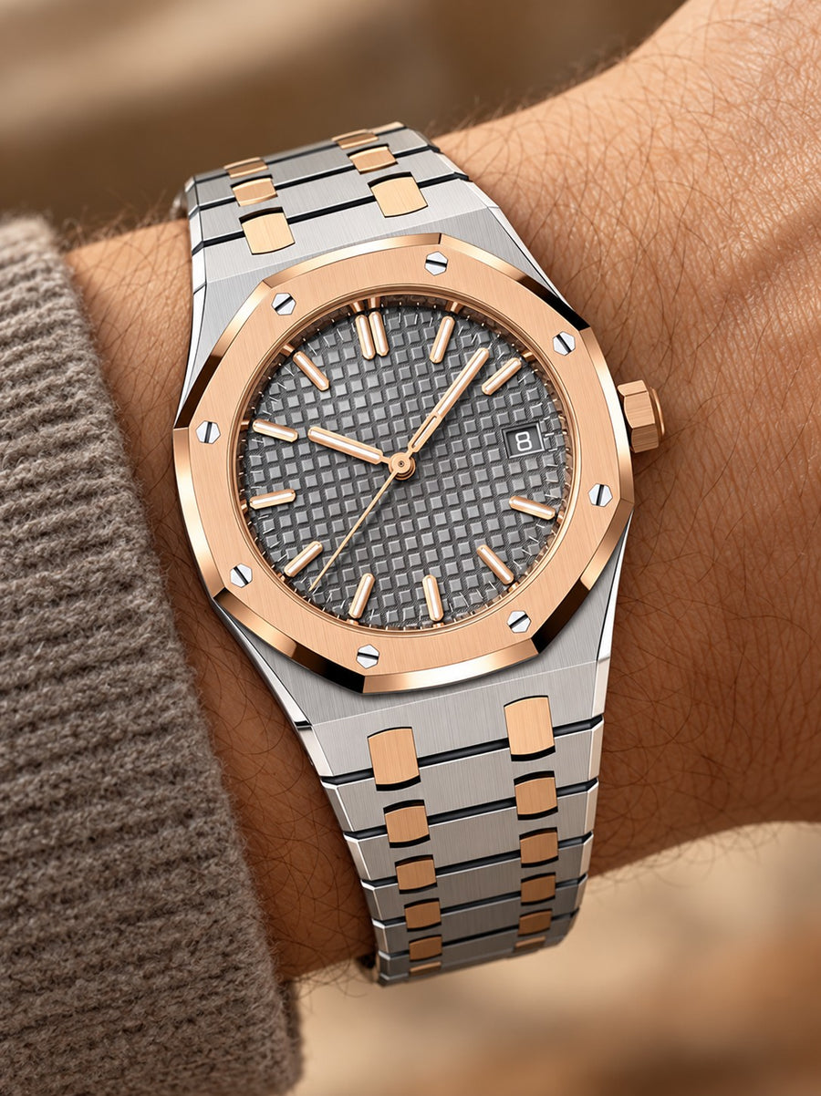 Two-Tone Rose Gold & Silver Grey Textured Watch – Integrated Bracelet