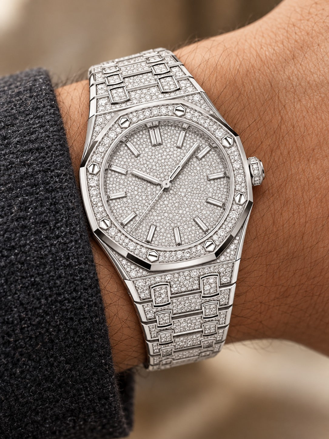 Full Crystal-Set Silver-Tone Watch – Integrated Bracelet
