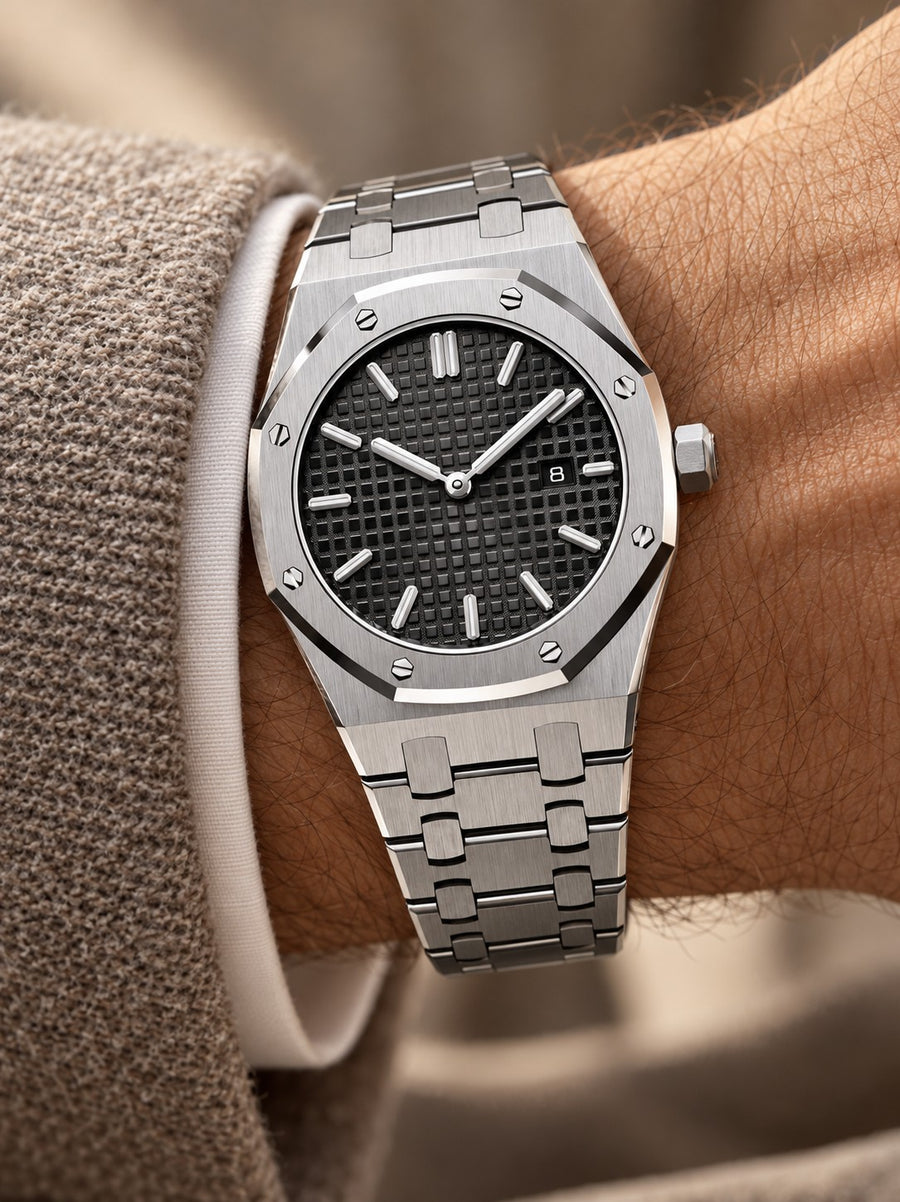 Silver-Tone Black Textured Watch – Integrated Bracelet