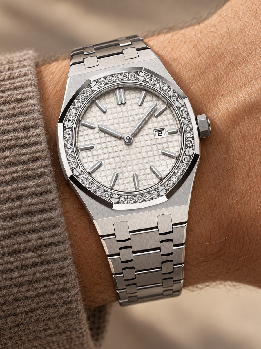 Silver-Tone White Crystal-Bezel Watch – Integrated Bracelet