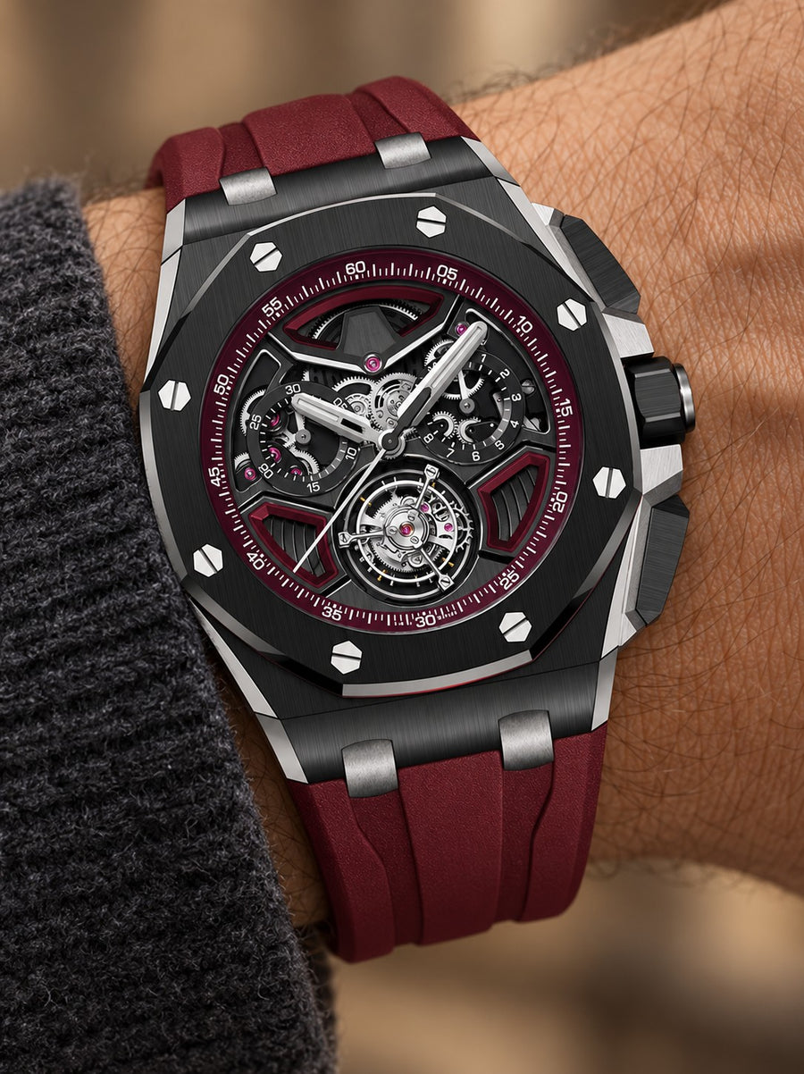 Burgundy Open-Work Multi-Display Watch – Black Case & Burgundy Strap
