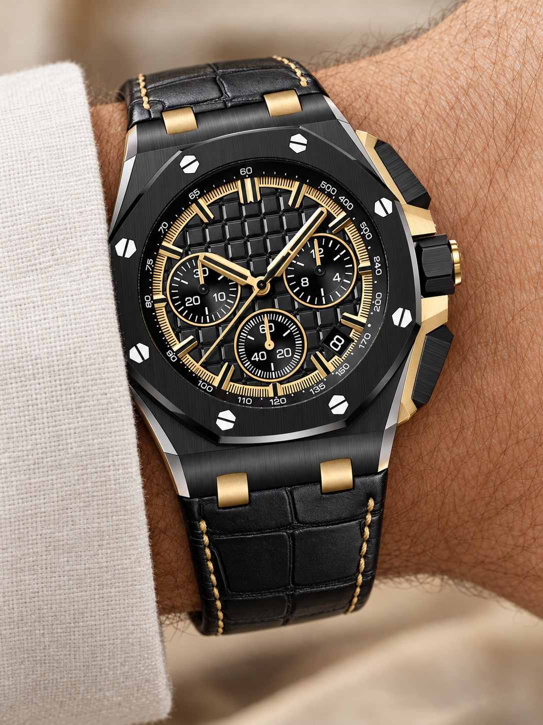 Black & Gold Multi-Display Sport Watch – Black Leather-Style Strap