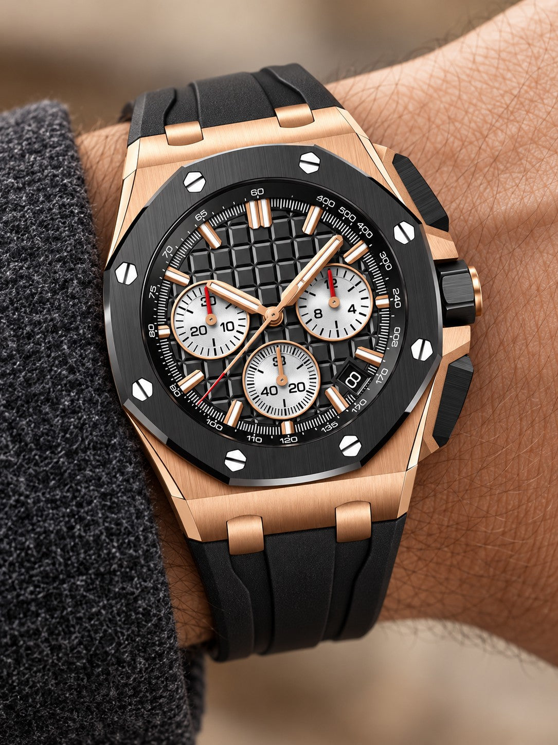 Black & Rose Gold-Tone Multi-Display Sport Watch – Black Performance Strap