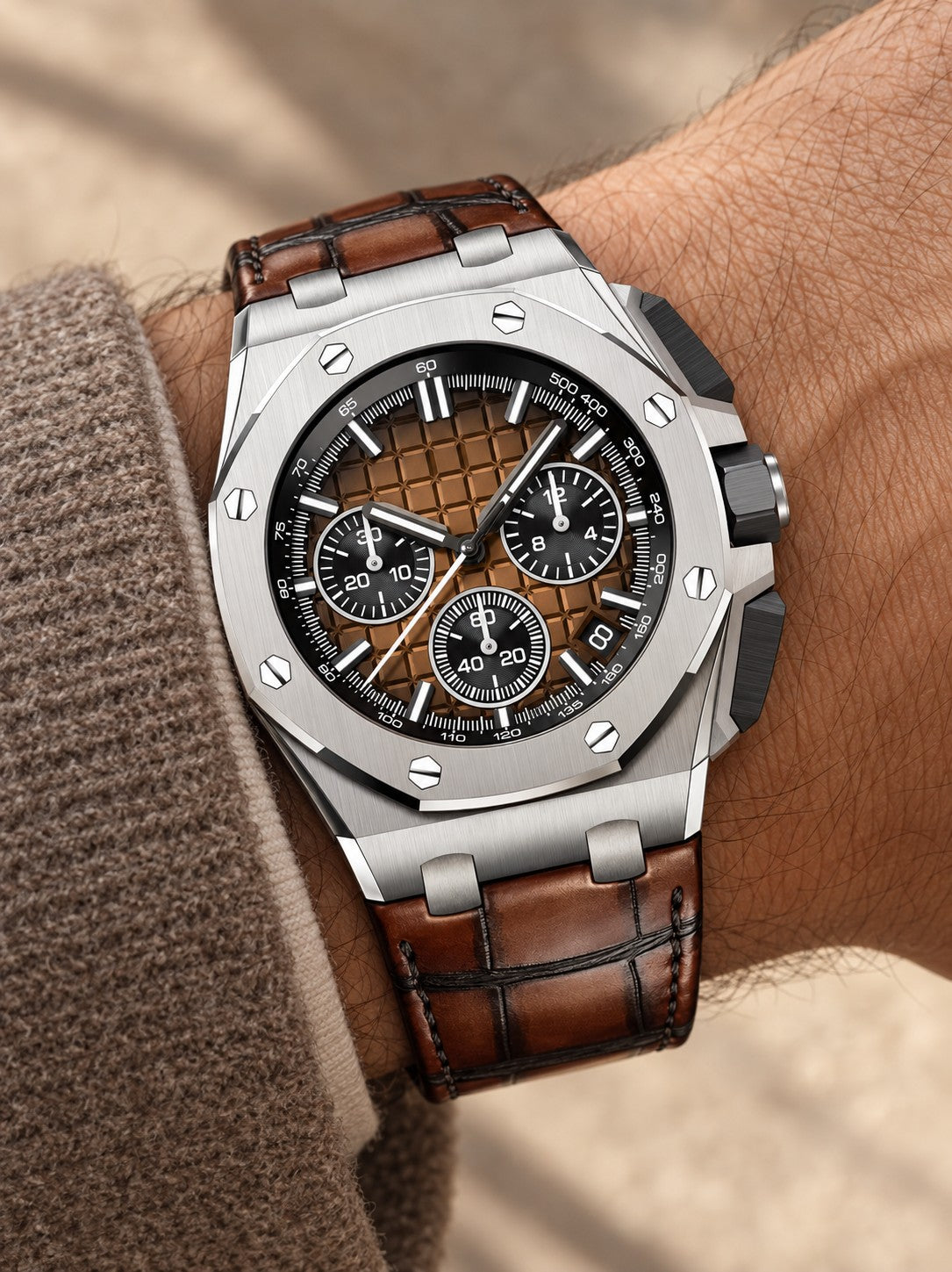 Smoked Brown Multi-Display Sport Watch – Silver-Tone Case & Brown Leather-Style Strap