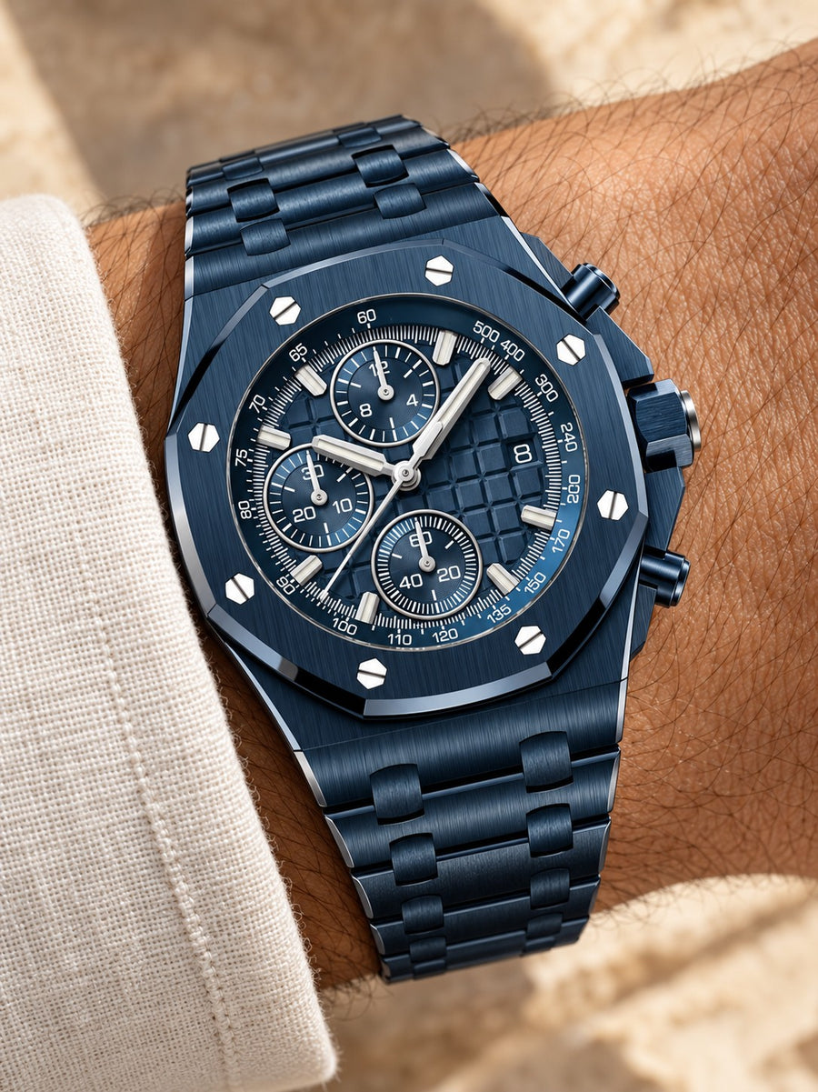 Monochrome Deep Blue Multi-Display Sport Watch – Integrated Bracelet