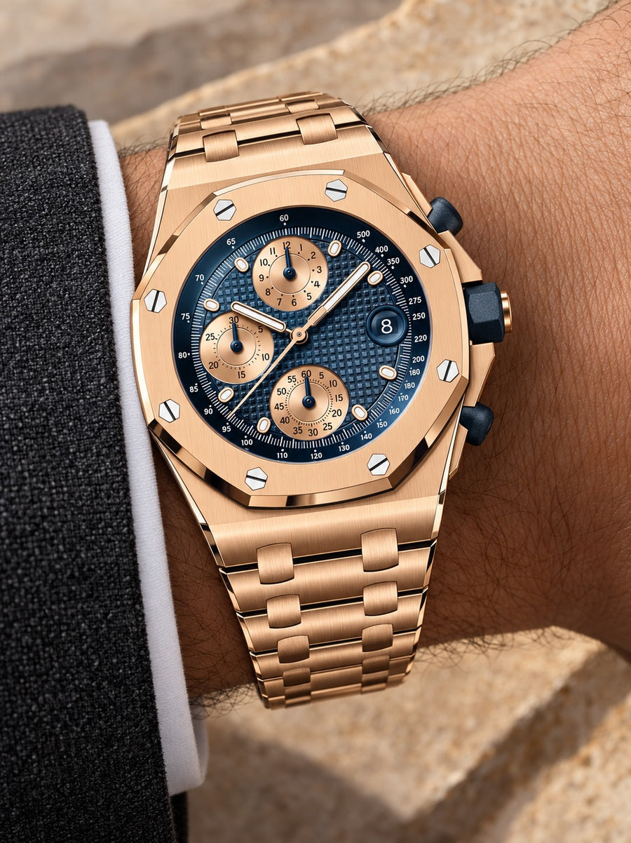 Rose Gold-Tone & Deep Blue Multi-Display Sport Watch – Integrated Bracelet