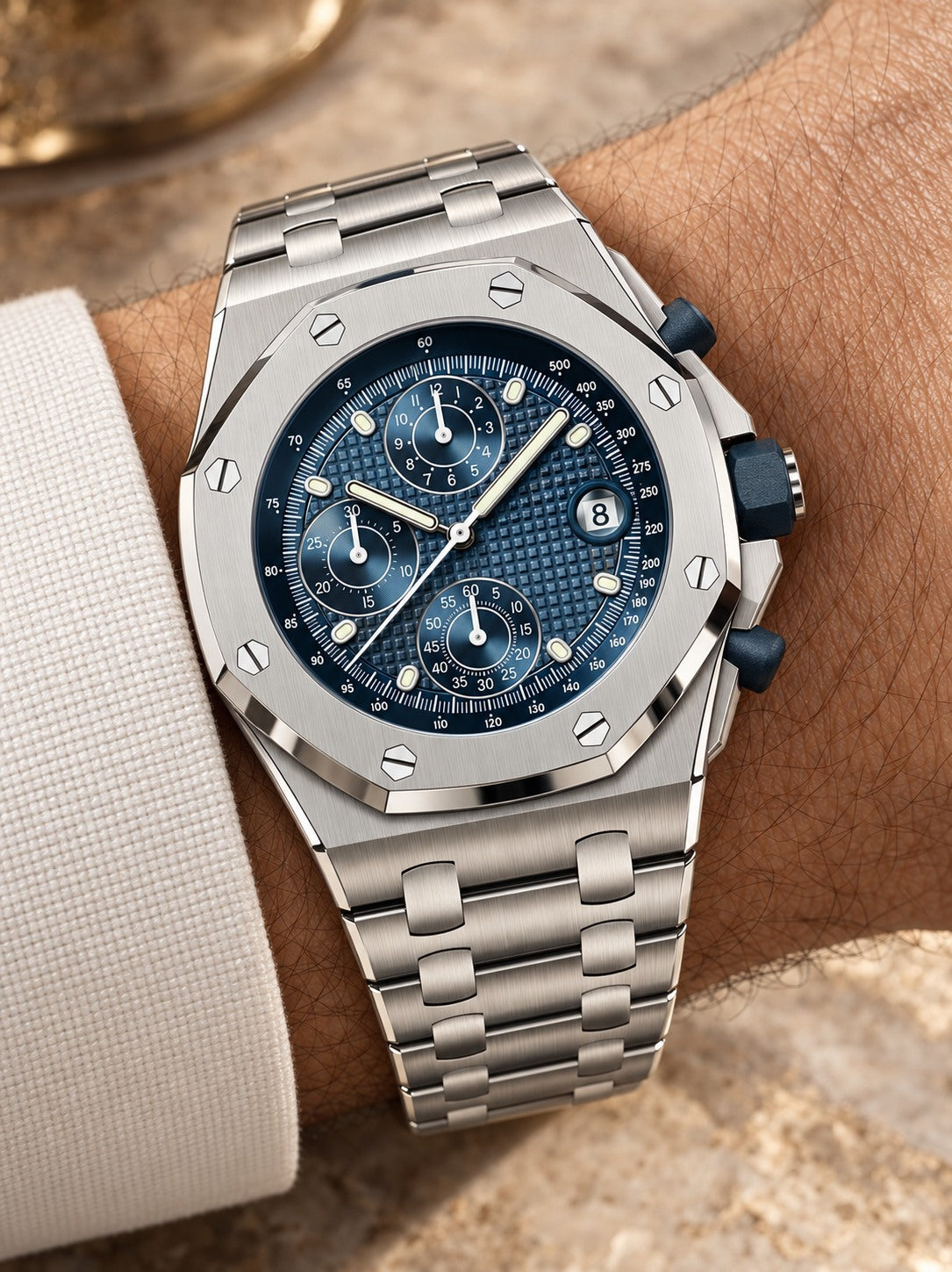 Silver-Tone Deep Blue Multi-Display Sport Watch – Integrated Bracelet