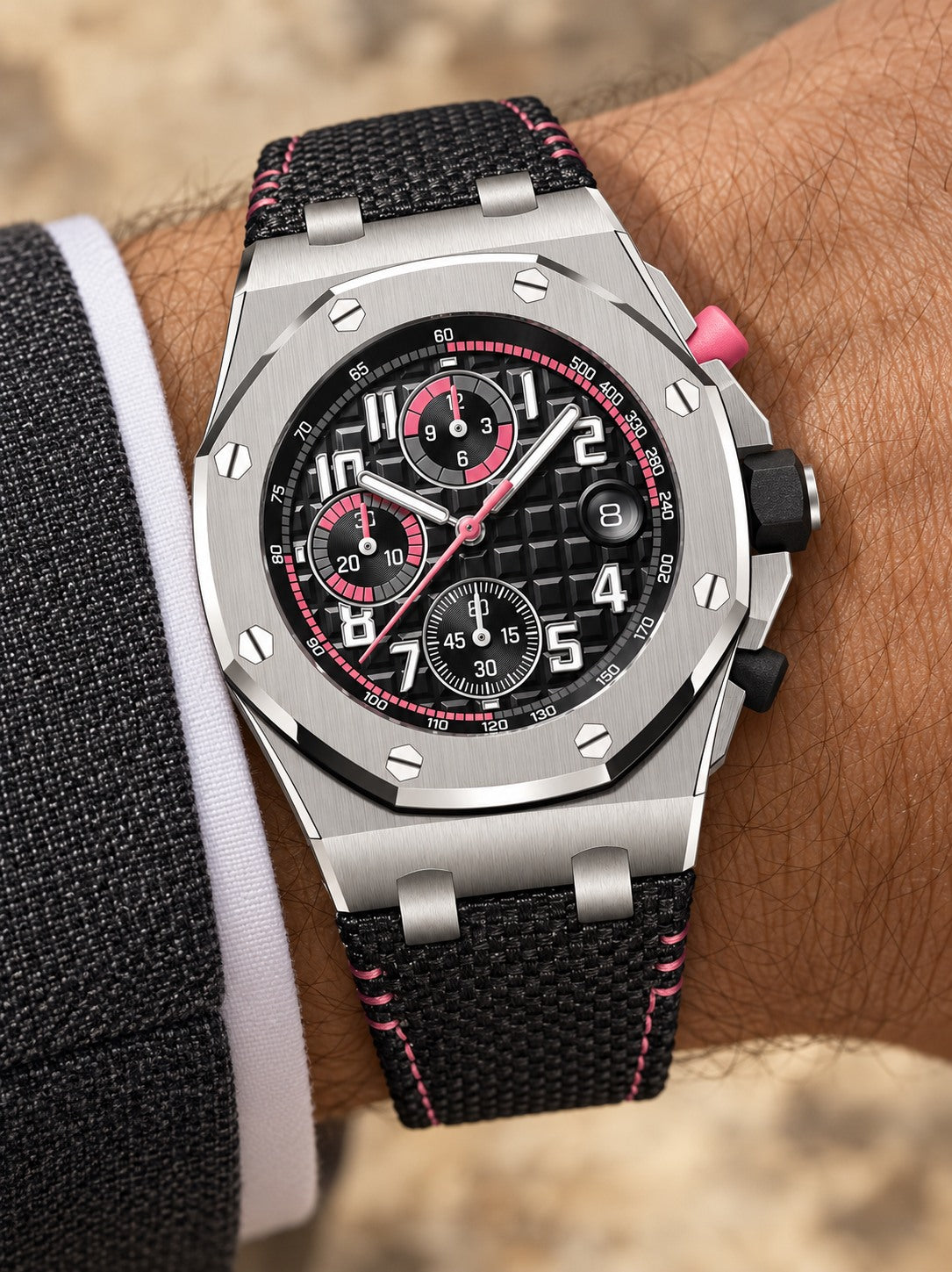 Silver-Tone Black & Pink Multi-Display Sport Watch – Black Performance Strap