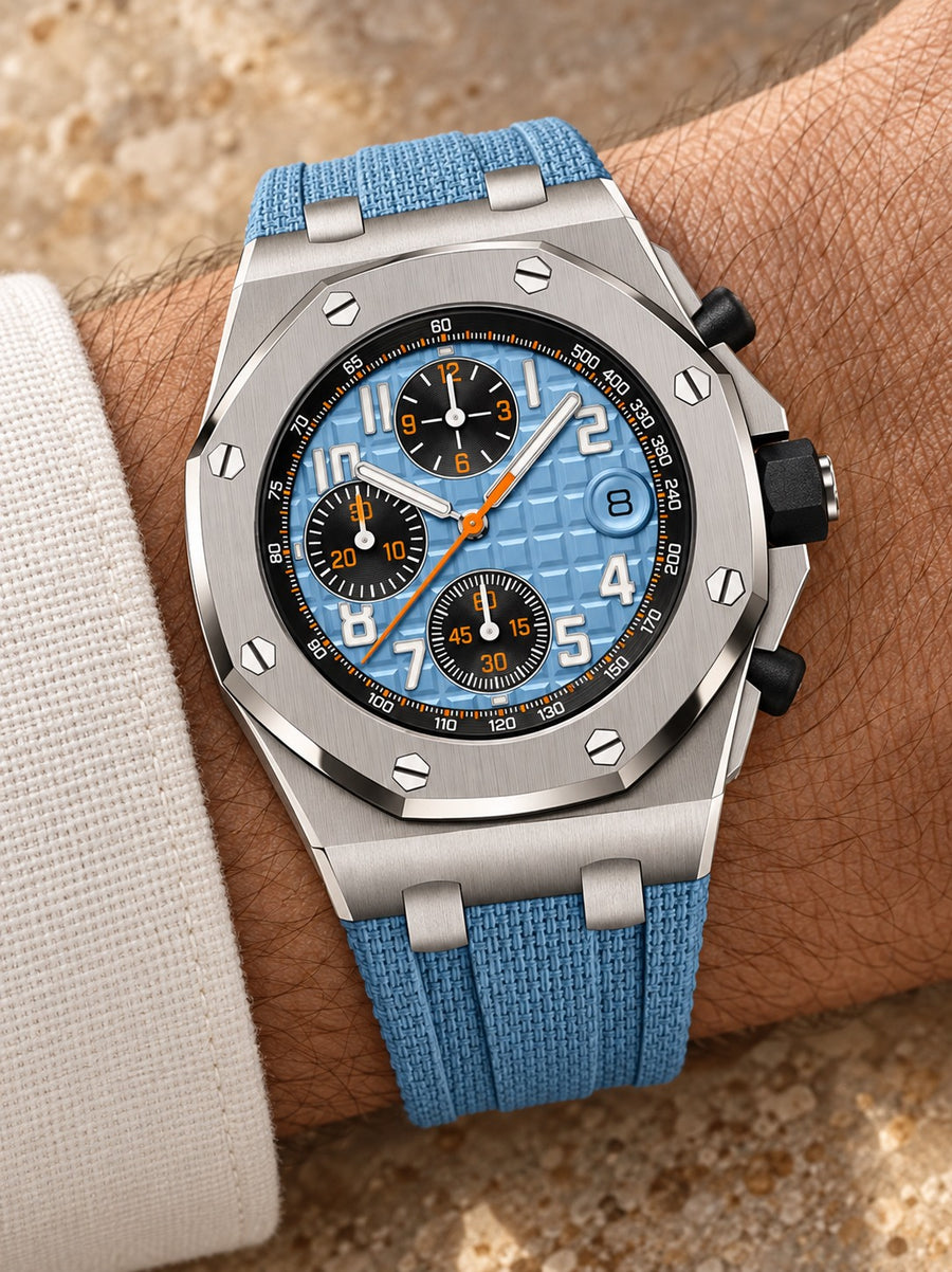 Light Blue & Orange Multi-Display Sport Watch – Silver-Tone Case & Blue Strap