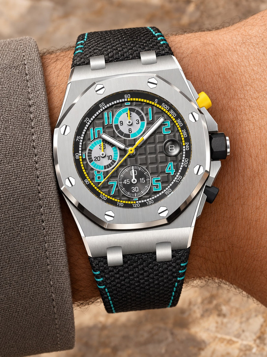 Turquoise & Yellow Multi-Display Sport Watch – Silver-Tone Case & Black Performance Strap