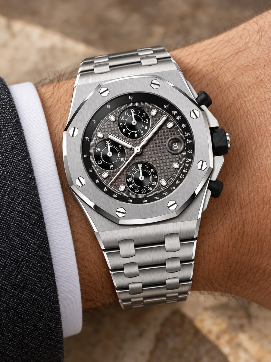 Silver-Tone Multi-Display Sport Watch – Integrated Bracelet & Dark Textured Dial