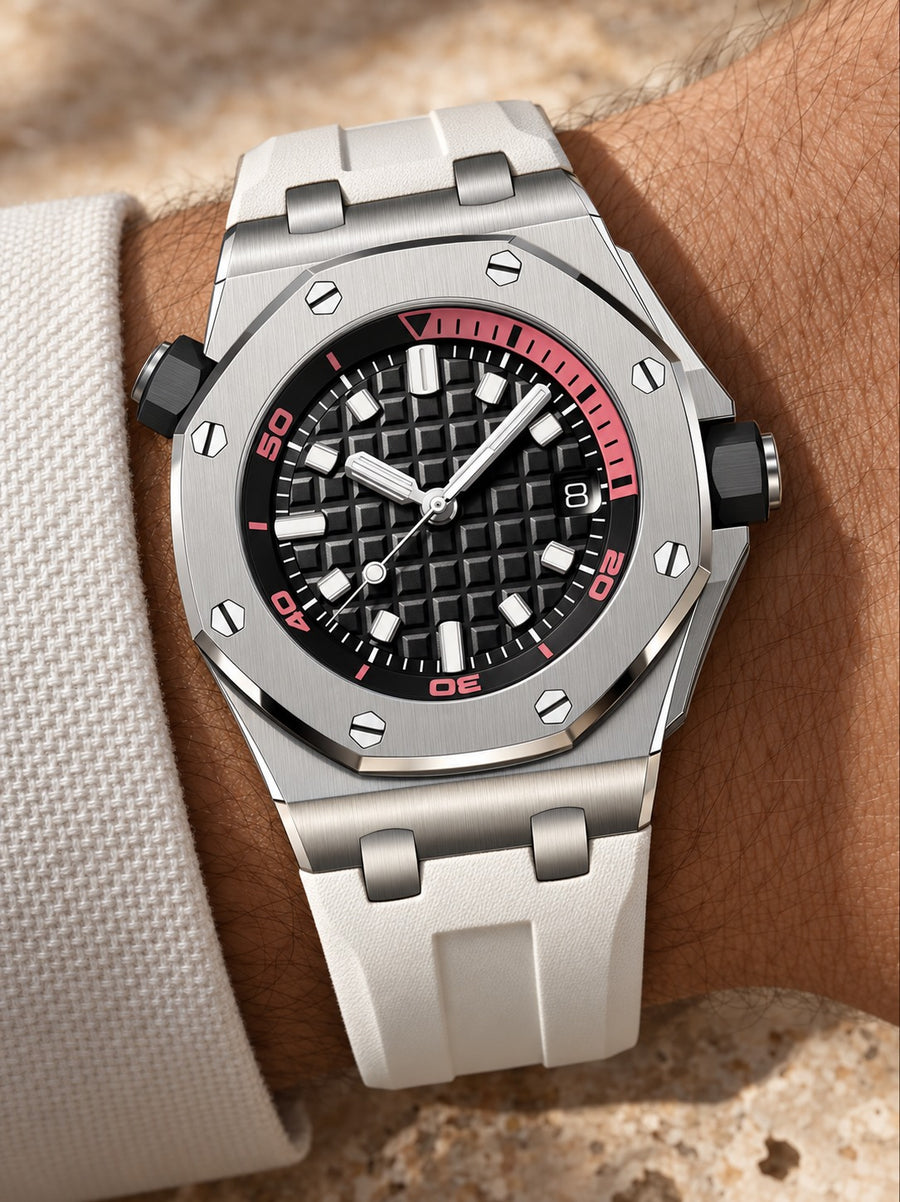 White & Pink Sport Watch – Silver-Tone Case, Black Textured Dial & White Performance Strap