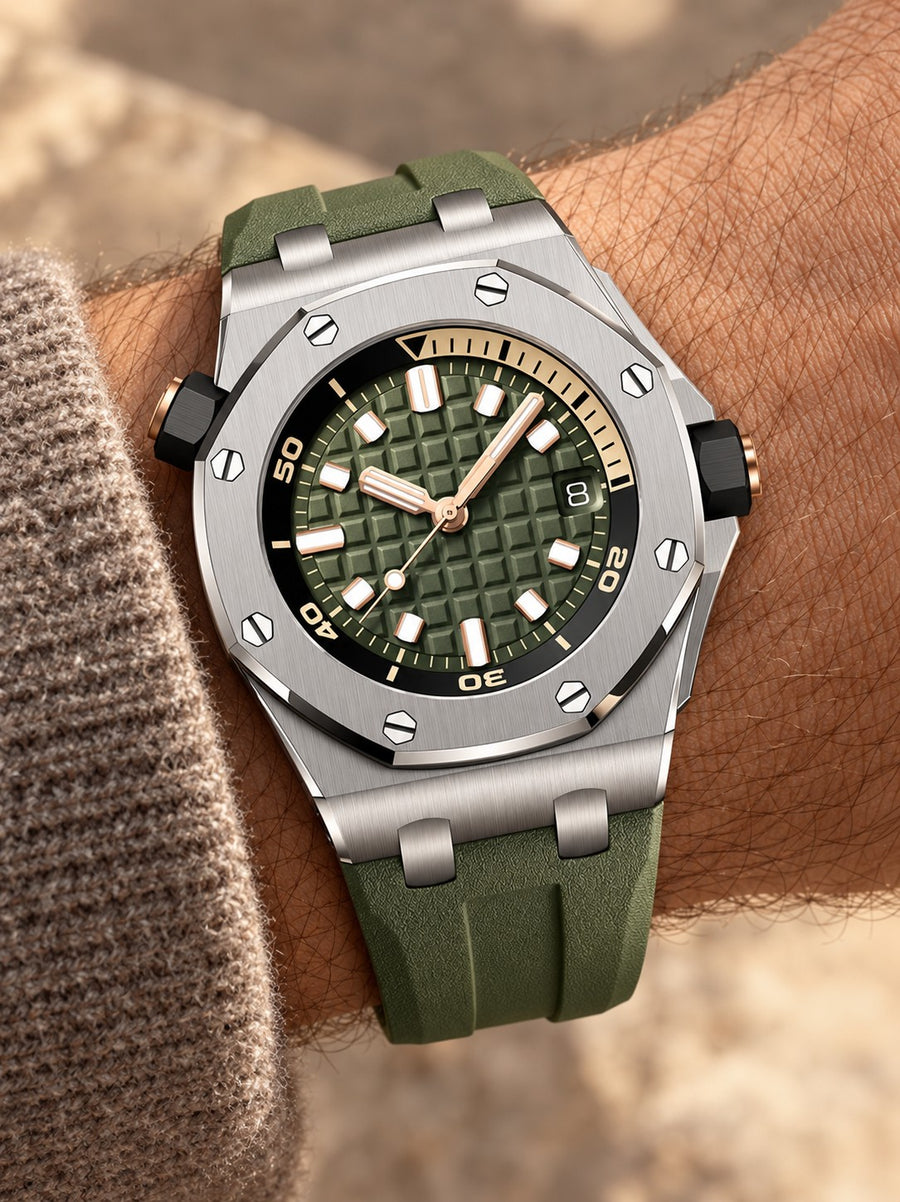 Khaki Green Sport Watch – Silver-Tone Case, Textured Dial & Green Performance Strap