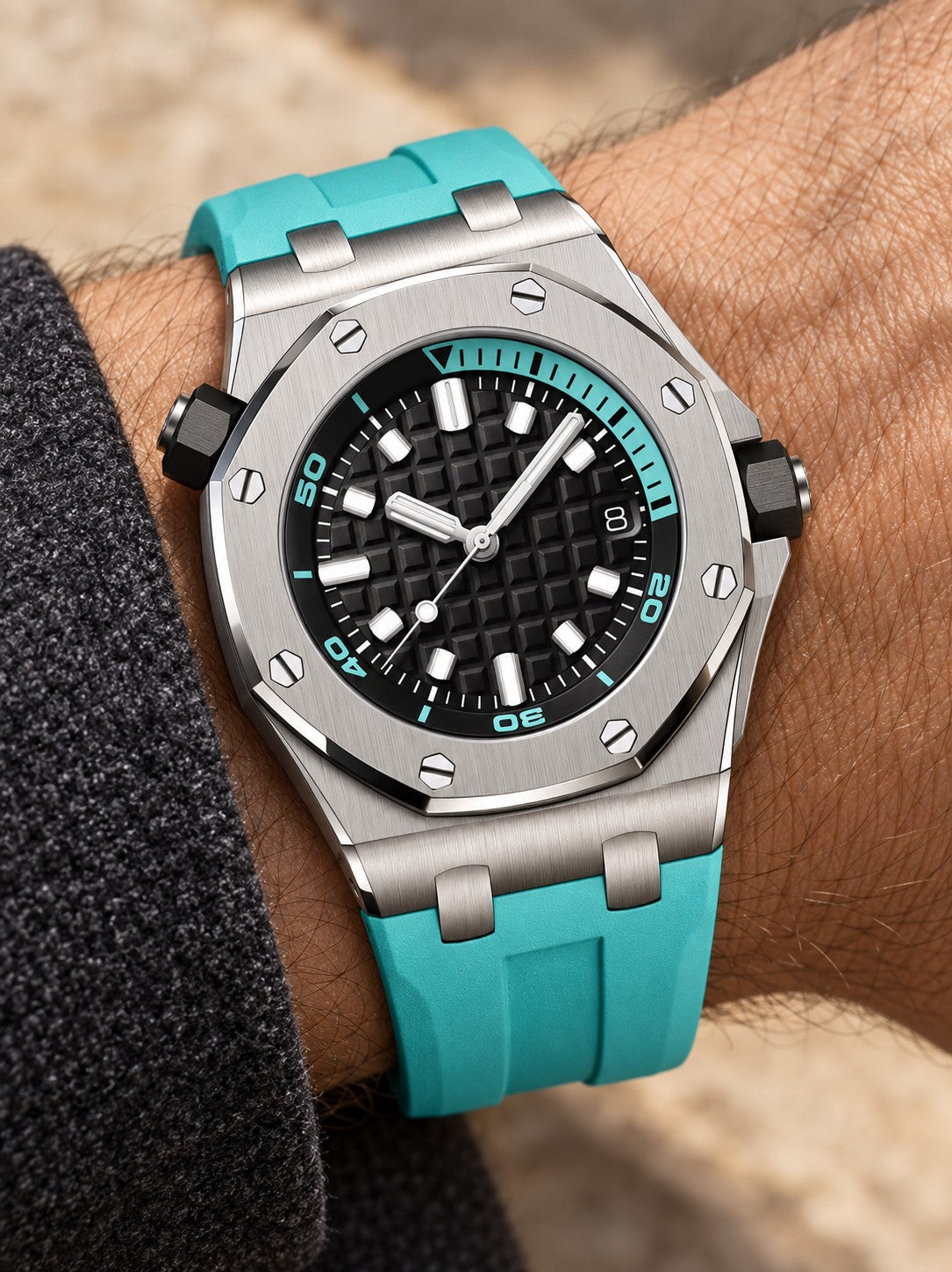 Turquoise Sport Watch – Silver-Tone Case, Black Textured Dial & Turquoise Performance Strap