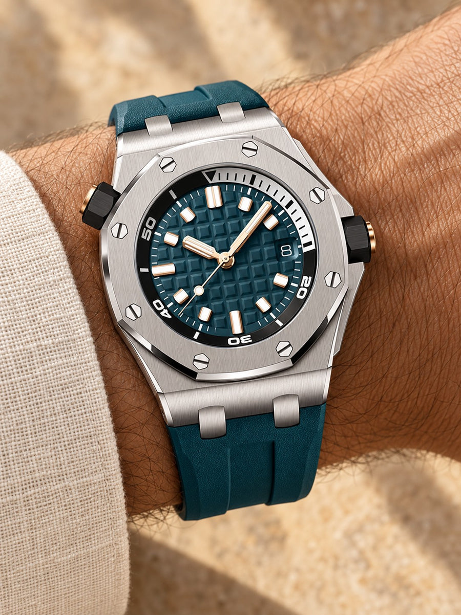 Deep Teal Sport Watch – Silver-Tone Case, Textured Dial & Matching Performance Strap