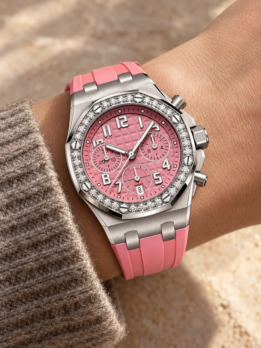 Pink Crystal-Set Multi-Display Sport Watch – Silver-Tone Case & Pink Performance Strap