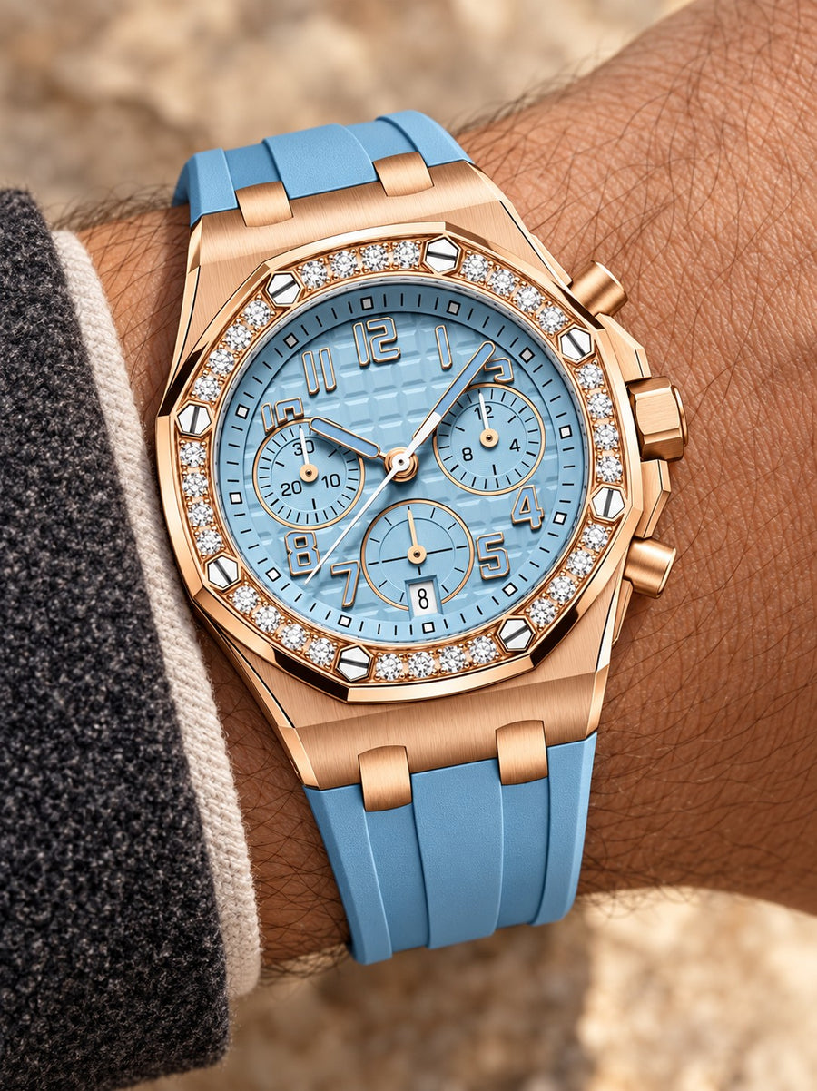Light Blue Crystal-Set Multi-Display Sport Watch – Rose-Gold-Tone Case & Blue Performance Strap