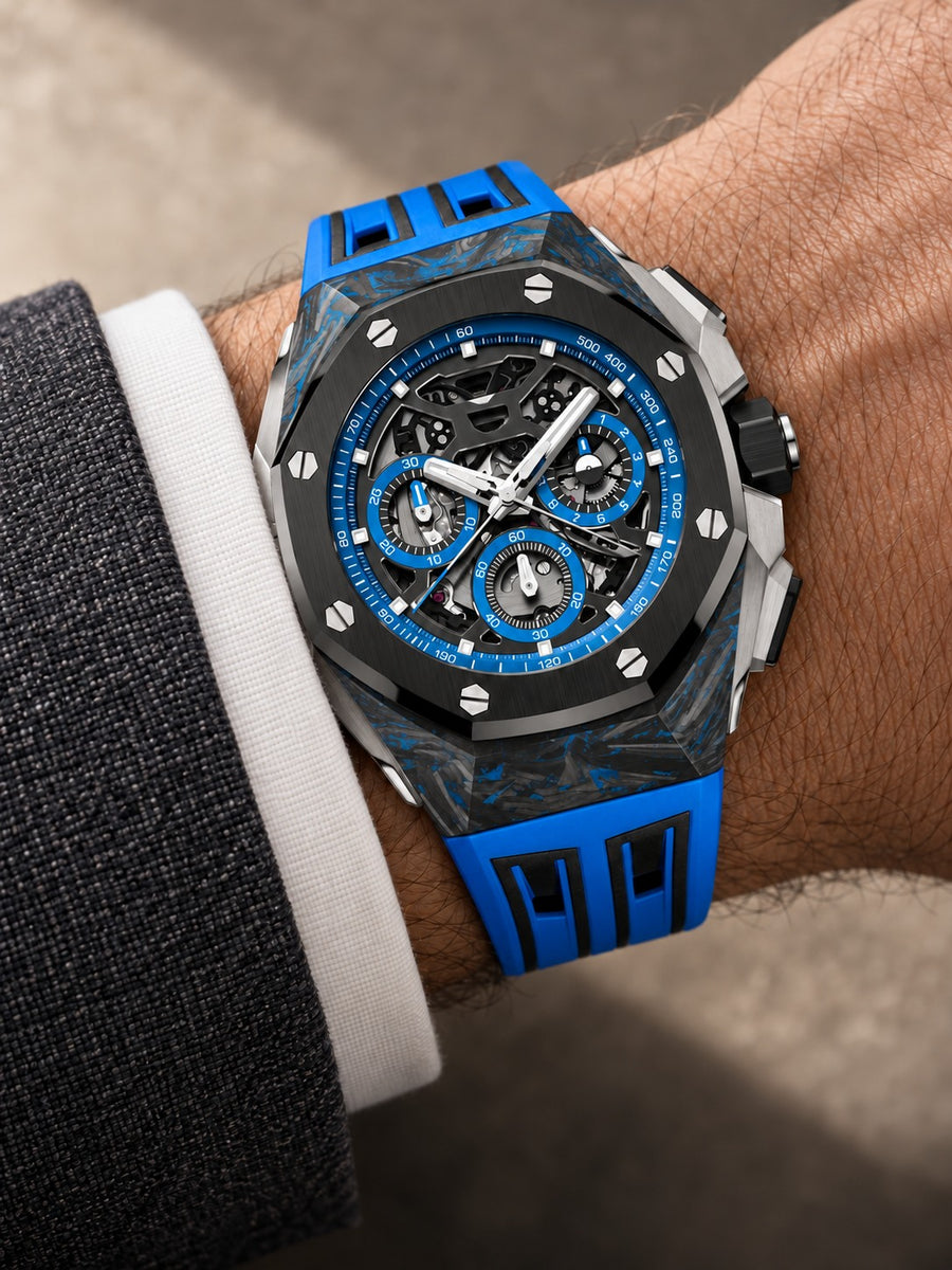 Blue & Black Open-Work Multi-Display Sport Watch – Carbon-Inspired Case & Blue Performance Strap