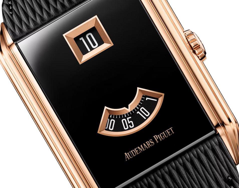 Black & Rose-Gold-Tone Jumping Hour Watch – Rectangular Case & Textured Black Strap